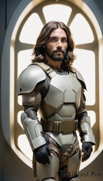 solo,long hair,brown hair,gloves,1boy,brown eyes,male focus,belt,fingerless gloves,armor,window,facial hair,beard,breastplate,realistic,mustache,animification,chainmail,looking at viewer,blue eyes