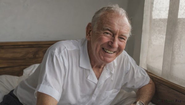 solo,looking at viewer,smile,open mouth,shirt,1boy,sitting,white shirt,upper body,white hair,short sleeves,grey hair,male focus,teeth,collared shirt,pants,indoors,grin,window,dress shirt,bed,facial hair,on bed,black pants,pocket,watch,realistic,wristwatch,breast pocket,old,old man,arm hair,wrinkled skin,glasses