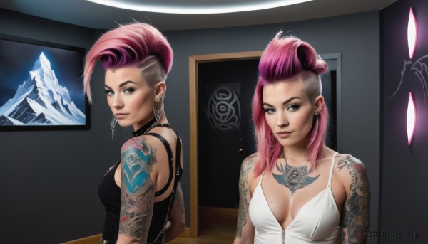 1girl,long hair,breasts,looking at viewer,smile,short hair,cleavage,jewelry,medium breasts,upper body,pink hair,multicolored hair,earrings,indoors,necklace,two-tone hair,lips,grey eyes,tattoo,makeup,multiple views,piercing,tank top,lipstick,camisole,eyeshadow,reflection,mirror,mountain,nose,arm tattoo,undercut,different reflection,solo,bare shoulders,choker,mole,mole under eye,ear piercing,mole on breast,asymmetrical hair,eyebrow cut