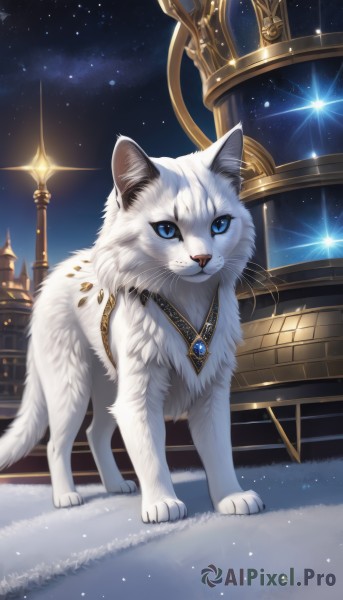 solo,looking at viewer,blue eyes,jewelry,full body,outdoors,sky,necklace,no humans,sparkle,night,animal,cat,gem,star (sky),night sky,starry sky,stairs,animal focus,white fur,lamppost,blue gemstone,standing,crown,building,pendant