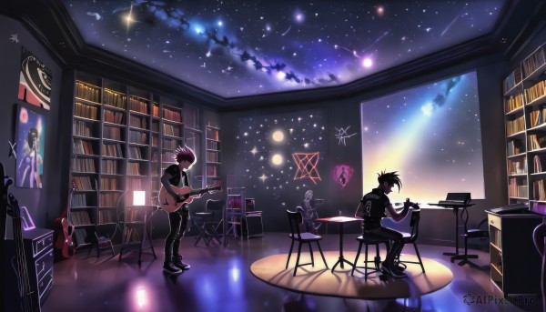 smile,short hair,brown hair,shirt,black hair,holding,sitting,standing,short sleeves,male focus,red hair,multiple boys,sky,shoes,pants,indoors,2boys,star (symbol),black footwear,book,black shirt,night,chair,black pants,table,t-shirt,instrument,star (sky),night sky,scenery,desk,starry sky,music,clock,bookshelf,guitar,stool,playing instrument,electric guitar,poster (object),drum,shooting star,speaker,bass guitar,keyboard (instrument),drum set,amplifier,1girl,multiple girls,1boy,3boys,television,library