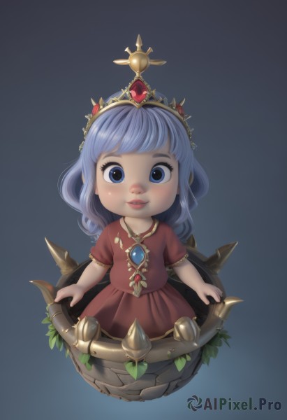 1girl,solo,long hair,looking at viewer,blush,smile,bangs,blue eyes,simple background,dress,jewelry,blue hair,standing,full body,purple hair,short sleeves,parted lips,blunt bangs,necklace,puffy short sleeves,lips,blue background,red dress,tiara,aged down,crown,gem,child,female child,faux figurine,leaf