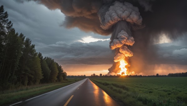 outdoors,sky,cloud,tree,no humans,cloudy sky,grass,fire,nature,scenery,forest,smoke,sunset,road,bush,burning,explosion