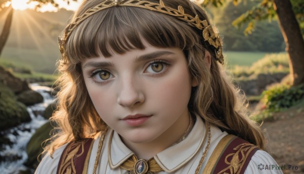 1girl,solo,long hair,looking at viewer,bangs,brown hair,shirt,brown eyes,jewelry,closed mouth,white shirt,outdoors,day,blunt bangs,necklace,blurry,tree,lips,eyelashes,depth of field,blurry background,wavy hair,sunlight,portrait,nature,freckles,curly hair,realistic,nose,hair ornament,hairband,gem,close-up