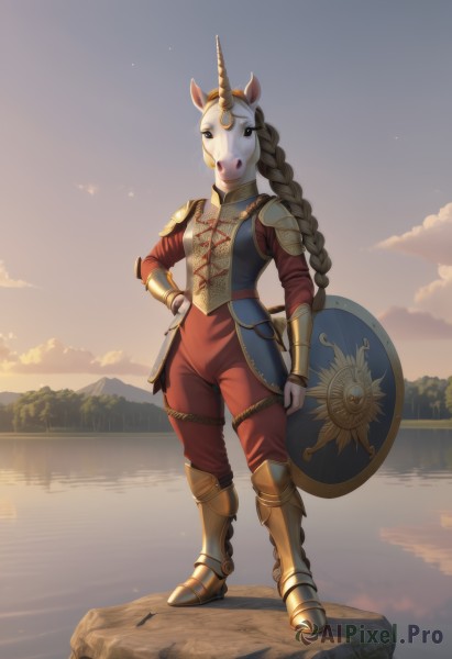 1girl,solo,long hair,looking at viewer,brown hair,black hair,long sleeves,holding,animal ears,very long hair,standing,full body,weapon,braid,boots,outdoors,horns,sky,pants,sword,cloud,water,armor,hand on hip,single braid,mask,shoulder armor,gauntlets,reflection,pauldrons,sunset,shield,breastplate,fantasy,vambraces,armored boots,greaves,holding shield,lake,breasts,holding weapon,no humans,scenery,single horn,braided ponytail,knight