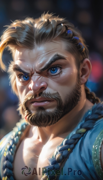 solo,looking at viewer,short hair,blue eyes,blonde hair,brown hair,1boy,jewelry,upper body,braid,male focus,blurry,lips,muscular,blurry background,facial hair,scar,thick eyebrows,pectorals,muscular male,portrait,bara,beard,scar on face,close-up,mature male,mustache,scar across eye,old,chest hair,old man,pectoral cleavage,wrinkled skin,long hair,closed mouth,blue shirt,backlighting,realistic,nose