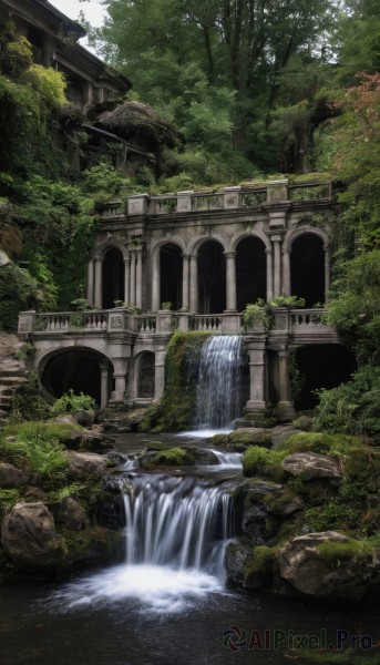 outdoors,day,water,tree,no humans,plant,building,nature,scenery,forest,rock,architecture,ruins,bridge,river,waterfall,arch,moss,overgrown,sunlight,stream