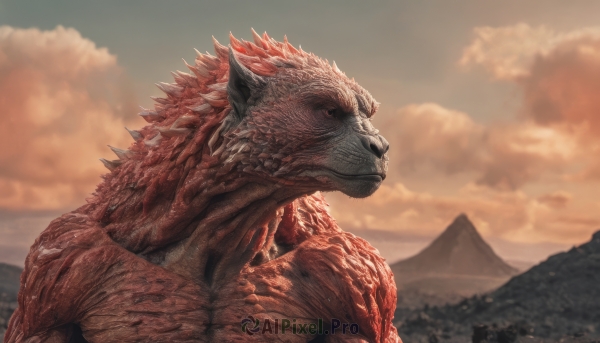 solo, closed mouth, outdoors, sky, cloud, blurry, no humans, cloudy sky, monster, mountain, realistic, scales, kaijuu