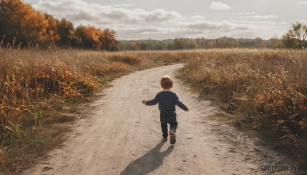 solo,short hair,brown hair,long sleeves,1boy,jacket,male focus,outdoors,sky,shoes,day,pants,cloud,from behind,tree,shadow,cloudy sky,grass,outstretched arms,blue jacket,child,nature,scenery,forest,walking,running,blue pants,facing away,road,male child,field,wide shot,path