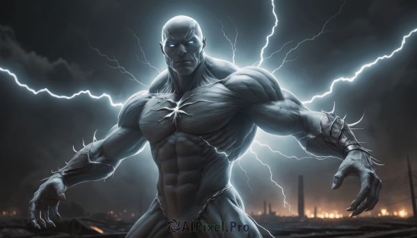 solo,looking at viewer,blue eyes,1boy,closed mouth,male focus,outdoors,sky,cloud,muscular,glowing,colored skin,abs,cloudy sky,outstretched arms,pectorals,muscular male,building,glowing eyes,veins,electricity,bald,lightning,white hair,no humans,topless male,fundoshi,loincloth