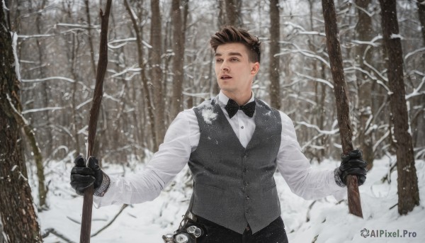 solo,short hair,brown hair,shirt,black hair,gloves,long sleeves,1boy,bow,holding,white shirt,upper body,weapon,male focus,outdoors,black gloves,collared shirt,pants,bowtie,vest,tree,looking to the side,black bow,facial hair,black pants,nature,snow,forest,watch,black vest,black bowtie,snowing,realistic,stubble,wristwatch,undercut,winter,bare tree,waistcoat,pocket watch,grey vest,open mouth,brown eyes