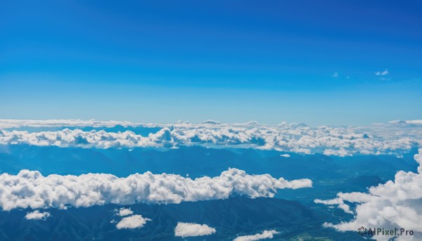 monochrome,outdoors,sky,day,cloud,blue sky,no humans,bird,cloudy sky,nature,scenery,flying,blue theme,mountain,horizon,landscape,above clouds,ocean,forest