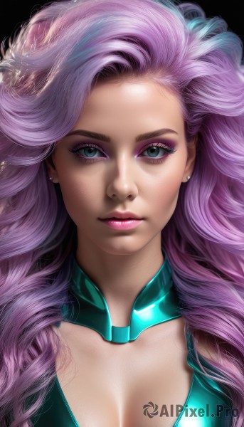 1girl,solo,long hair,breasts,looking at viewer,blue eyes,large breasts,simple background,cleavage,jewelry,medium breasts,closed mouth,green eyes,upper body,pink hair,purple hair,multicolored hair,earrings,lips,eyelashes,makeup,lipstick,black background,portrait,eyeshadow,curly hair,realistic,nose,stud earrings,eyeliner,mascara,collarbone,choker,shiny,artist name,signature,watermark,expressionless,web address,pink lips