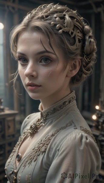 1girl,solo,breasts,looking at viewer,short hair,blonde hair,brown hair,shirt,hair ornament,dress,cleavage,jewelry,upper body,small breasts,parted lips,indoors,necklace,hair bun,blurry,from side,lips,grey eyes,eyelashes,makeup,depth of field,blurry background,gem,freckles,realistic,nose,red lips,braid,white dress