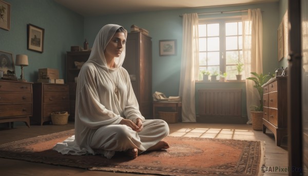 1girl,solo,black hair,1boy,sitting,male focus,barefoot,day,indoors,dark skin,hood,black eyes,book,window,sunlight,plant,curtains,hood up,robe,wooden floor,realistic,potted plant,lamp,indian style,shelf,vase,carpet,drawer,rug,cabinet,chest of drawers,looking at viewer,jewelry,necklace,torn clothes,bed,scenery,desk,on floor,bedroom,dirty feet