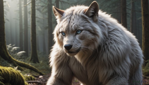 solo,blue eyes,closed mouth,outdoors,day,blurry,tree,no humans,blurry background,animal,grass,nature,forest,realistic,animal focus,white fur,wolf,signature,plant,scenery