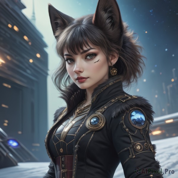 1girl,solo,breasts,looking at viewer,short hair,bangs,brown hair,black hair,animal ears,brown eyes,jewelry,medium breasts,closed mouth,jacket,upper body,earrings,outdoors,open clothes,sky,artist name,cat ears,medium hair,necklace,blurry,black eyes,lips,coat,black jacket,grey eyes,fur trim,eyelashes,makeup,night,depth of field,blurry background,scar,extra ears,freckles,nose,red lips,leather,leather jacket,blush,long sleeves,day,open jacket,animal ear fluff,facial mark,lipstick,building,corset,snow,pendant,cropped jacket,fur collar,snowing,realistic,whisker markings,crystal earrings