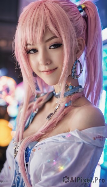 1girl,solo,long hair,breasts,looking at viewer,smile,bangs,shirt,hair ornament,cleavage,bare shoulders,twintails,brown eyes,jewelry,medium breasts,closed mouth,white shirt,upper body,pink hair,sidelocks,earrings,choker,artist name,necklace,off shoulder,blurry,black eyes,lips,eyelashes,makeup,depth of field,blurry background,hoop earrings,realistic,nose,off-shoulder shirt,dress