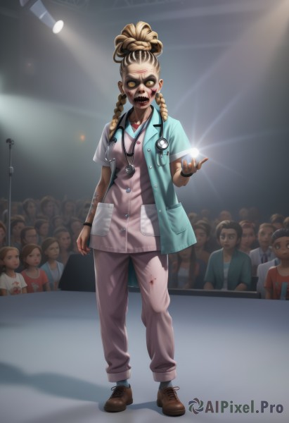 1girl,long hair,looking at viewer,open mouth,multiple girls,blonde hair,brown hair,shirt,hat,holding,jewelry,standing,full body,yellow eyes,braid,short sleeves,multiple boys,open clothes,shoes,teeth,solo focus,pants,twin braids,blood,mask,shadow,glowing,facial hair,brown footwear,pink dress,6+boys,watch,blood on face,nurse cap,wristwatch,nurse,blood on clothes,old,zombie,blood on hands,crowd,horror (theme),stethoscope,lights,spotlight,stage lights,doctor,flashlight,solo,multicolored hair