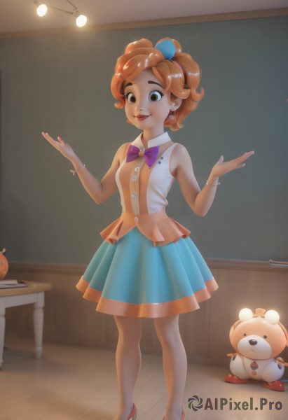 1girl,solo,breasts,looking at viewer,smile,short hair,open mouth,skirt,brown hair,shirt,hair ornament,bow,bare shoulders,brown eyes,jewelry,standing,full body,hair bow,pleated skirt,hairband,earrings,small breasts,shoes,teeth,sleeveless,artist name,indoors,bowtie,nail polish,orange hair,high heels,bracelet,lips,blue skirt,see-through,sleeveless shirt,makeup,watermark,stuffed toy,stuffed animal,lipstick,red footwear,desk,purple bow,teddy bear,red lips,classroom,chalkboard,bear,pantyhose,hands up,table,red nails,personification,orange footwear