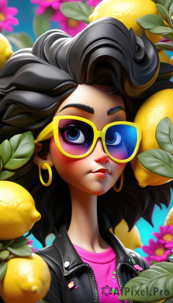 1girl,solo,long hair,looking at viewer,blue eyes,shirt,black hair,jewelry,jacket,upper body,flower,earrings,parted lips,food,open clothes,glasses,teeth,open jacket,dark-skinned female,lips,black jacket,eyelashes,makeup,fruit,leaf,watermark,sunglasses,thick eyebrows,lipstick,web address,eyeshadow,zipper,freckles,pink shirt,hoop earrings,nose,red lips,leather,tinted eyewear,leather jacket,lemon,lip biting,lemon slice,yellow-framed eyewear,brown hair,artist name,unzipped,blue-tinted eyewear