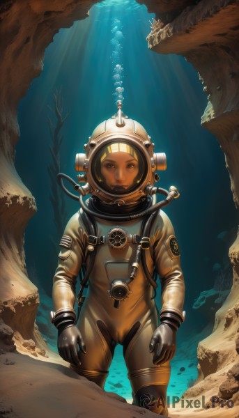 1girl,solo,looking at viewer,blonde hair,gloves,1boy,male focus,water,bodysuit,facial hair,helmet,science fiction,bubble,light rays,underwater,realistic,air bubble,spacesuit,astronaut,brown hair,brown eyes,rock,planet