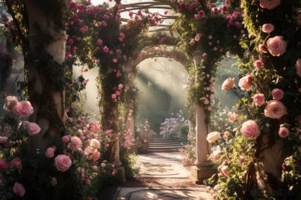 flower,outdoors,day,tree,no humans,rose,leaf,sunlight,plant,red flower,nature,scenery,pink flower,light rays,stairs,fantasy,bush,sunbeam,vines,pink rose,dappled sunlight,pillar,arch,column,grass,forest,red rose,garden