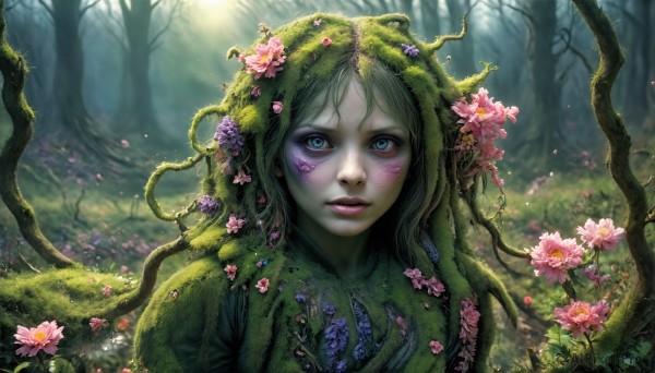 HQ,1girl,solo,long hair,looking at viewer,blue eyes,hair ornament,upper body,flower,outdoors,parted lips,green hair,teeth,artist name,hair flower,tree,lips,petals,makeup,colored skin,leaf,facial mark,sunlight,grass,plant,monster girl,portrait,nature,pink flower,forest,realistic,nose,fantasy,facepaint,green skin,vines,plant girl,blush,watermark,web address,green theme,moss