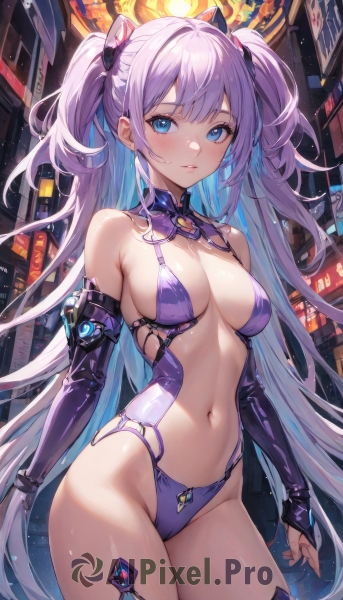 1girl,solo,long hair,breasts,looking at viewer,blush,smile,bangs,blue eyes,large breasts,thighhighs,gloves,navel,cleavage,bare shoulders,jewelry,medium breasts,very long hair,closed mouth,blue hair,standing,purple hair,sidelocks,thighs,multicolored hair,cowboy shot,earrings,parted lips,detached sleeves,elbow gloves,shiny,stomach,two-tone hair,leotard,two side up,lips,groin,detached collar,highleg,revealing clothes,bridal gauntlets,highleg leotard,colored inner hair,purple thighhighs,hair ornament,swimsuit,bikini,outdoors,black thighhighs,fingerless gloves,shiny skin,night,building