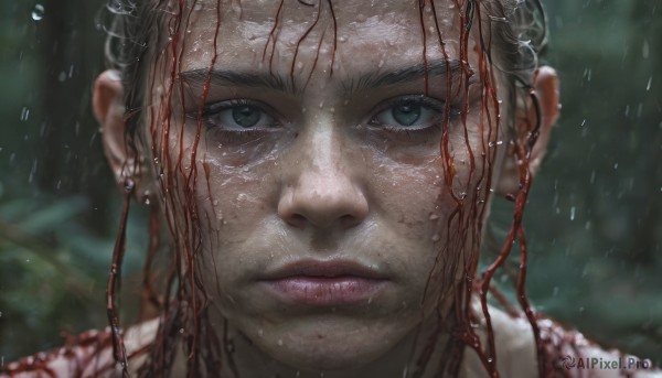 1girl, solo, looking at viewer, short hair, jewelry, closed mouth, green eyes, earrings, blurry, lips, blood, blurry background, portrait, close-up, rain, realistic, nose