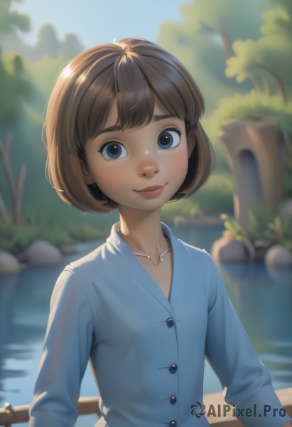 1girl,solo,looking at viewer,smile,short hair,bangs,blue eyes,brown hair,shirt,long sleeves,jewelry,closed mouth,collarbone,white shirt,upper body,outdoors,day,collared shirt,water,necklace,blurry,tree,lips,buttons,depth of field,blurry background,bob cut,blue shirt,freckles,nose,railing,river,lake,blush,sky,makeup,thick eyebrows