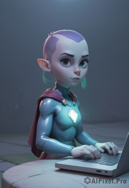 1girl,solo,breasts,looking at viewer,short hair,sitting,upper body,purple hair,small breasts,pointy ears,cape,lips,grey eyes,bodysuit,colored skin,table,computer,monitor,superhero,laptop,alien,keyboard (computer),mouse (computer),green eyes,realistic,nose