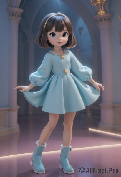 1girl,solo,looking at viewer,short hair,bangs,skirt,brown hair,long sleeves,dress,brown eyes,jewelry,closed mouth,standing,full body,hairband,boots,puffy sleeves,indoors,medium hair,necklace,black eyes,lips,blue skirt,blue dress,child,blue footwear,skirt hold,female child,yellow hairband,smile,black hair,star (symbol),watermark,web address