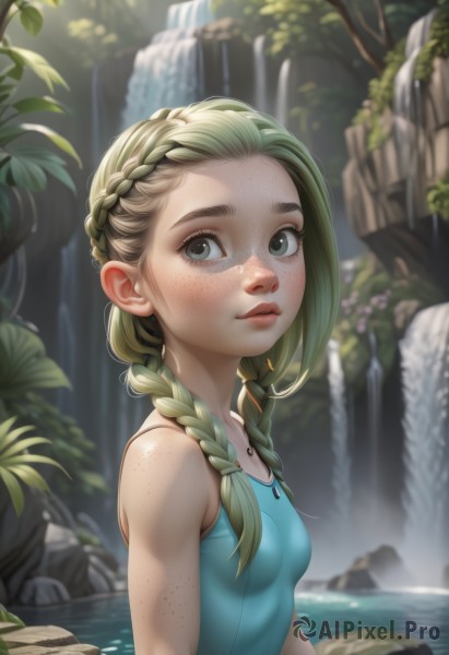 1girl,solo,long hair,breasts,looking at viewer,blonde hair,bare shoulders,twintails,jewelry,closed mouth,green eyes,upper body,braid,small breasts,outdoors,green hair,sleeveless,day,artist name,water,necklace,blurry,twin braids,from side,tree,lips,blurry background,aged down,child,nature,hair over shoulder,freckles,rock,nose,female child,waterfall,tank top