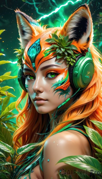 1girl,solo,long hair,breasts,looking at viewer,hair ornament,animal ears,bare shoulders,medium breasts,closed mouth,green eyes,upper body,flower,shiny,artist name,hair flower,orange hair,from side,lips,fox ears,eyelashes,sideboob,makeup,glowing,headgear,headphones,leaf,facial mark,plant,eyeshadow,headset,freckles,nose,electricity,eyeliner,lightning,sky,signature,watermark,portrait,web address,light particles,facepaint,vines