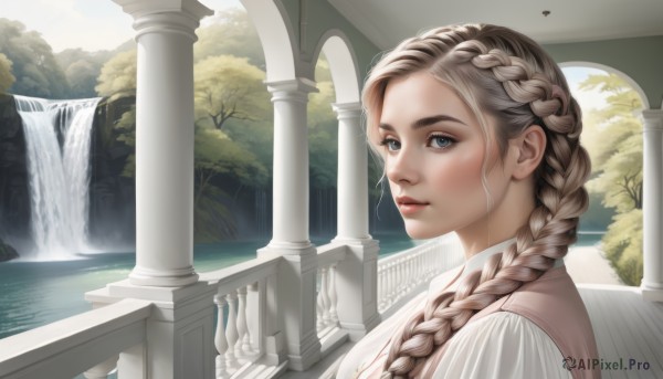 1girl,solo,long hair,looking at viewer,blue eyes,blonde hair,brown hair,upper body,braid,outdoors,day,water,from side,tree,lips,looking to the side,single braid,hair over shoulder,realistic,nose,pillar,waterfall,column,fountain,breasts,dress,cleavage,closed mouth,grey hair,artist name,portrait,red lips,lake