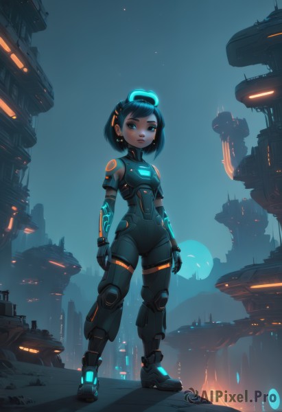 1girl,solo,looking at viewer,short hair,blue eyes,black hair,gloves,bare shoulders,standing,full body,earrings,outdoors,sky,sleeveless,armor,lips,bodysuit,night,glowing,headgear,halo,building,science fiction,city,black bodysuit,mechanical arms,cyborg,neon trim,spacecraft,cyberpunk,hologram,breasts,bangs,hair ornament,jewelry,blue hair,small breasts,boots,signature,makeup,swept bangs,robot,backlighting,nose,arms at sides,android,stud earrings,joints,robot joints