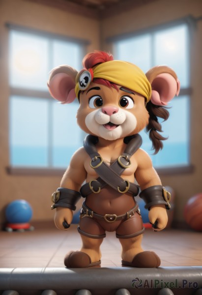 solo,looking at viewer,smile,open mouth,brown hair,hair ornament,1boy,navel,animal ears,brown eyes,standing,full body,braid,:d,male focus,red hair,shorts,teeth,belt,artist name,indoors,blurry,window,blurry background,furry,ball,clenched hands,freckles,topless male,bandana,furry male,male child,harness,no nipples,pirate,buck teeth,1girl,twintails,barefoot,cosplay,depth of field,wooden floor,arms at sides,brown shorts,skull hair ornament,brown fur,panda,bear hair ornament