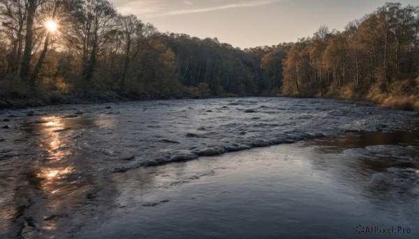 outdoors,sky,cloud,water,tree,no humans,sunlight,cloudy sky,nature,scenery,forest,reflection,sunset,mountain,sun,bare tree,river,lake,reflective water,snow,landscape