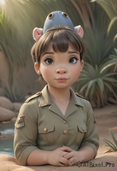 1girl,solo,breasts,looking at viewer,smile,short hair,bangs,brown hair,shirt,long sleeves,animal ears,brown eyes,jewelry,closed mouth,upper body,earrings,outdoors,day,water,blurry,uniform,lips,fingernails,military,military uniform,buttons,depth of field,blurry background,animal,own hands together,sleeves rolled up,freckles,pocket,rock,on head,stud earrings,breast pocket,animal on head,badge,jacket,artist name,eyelashes,fake animal ears,thick eyebrows,extra ears,realistic,nose