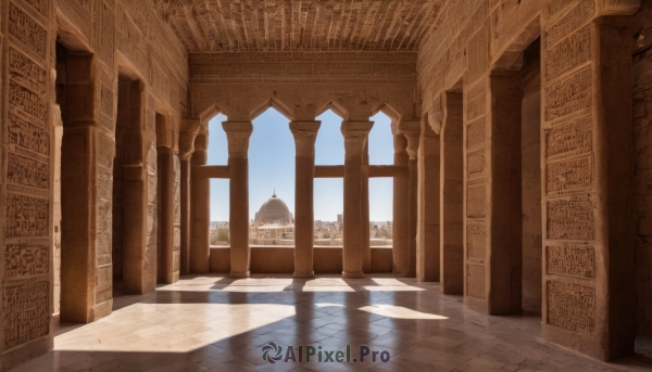 outdoors,sky,day,cloud,blue sky,book,no humans,window,shadow,sunlight,building,scenery,stairs,architecture,pillar,library,arch,column,indoors,water,tree,reflection,statue,reflective floor