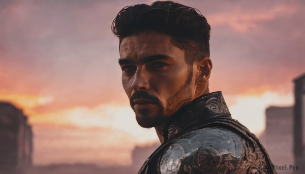 solo,looking at viewer,short hair,black hair,1boy,closed mouth,upper body,male focus,outdoors,sky,cloud,dark skin,armor,blurry,black eyes,from side,blurry background,facial hair,dark-skinned male,portrait,beard,sunset,mustache,manly,looking to the side,cloudy sky,realistic