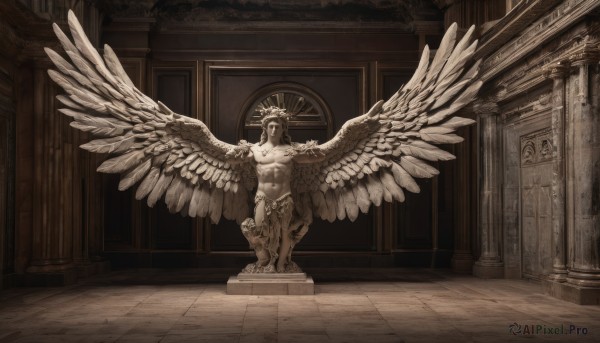 solo,1boy,navel,standing,monochrome,full body,male focus,wings,indoors,no humans,muscular,halo,abs,feathered wings,angel wings,angel,architecture,wide shot,pillar,statue,multiple wings,church,spread wings,column,nude,cross,muscular male,scenery,tiles,tile floor