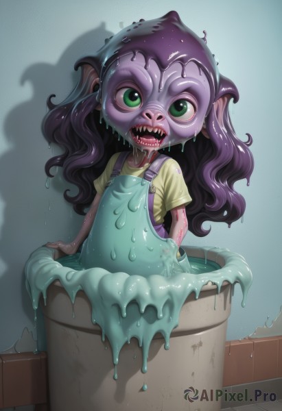 1girl,solo,long hair,looking at viewer,open mouth,shirt,green eyes,purple hair,teeth,tongue,bag,shadow,colored skin,sharp teeth,monster girl,child,yellow shirt,female child,overalls,slime (substance),horror (theme),short sleeves,pointy ears,wet,saliva,fangs,t-shirt,dripping,melting