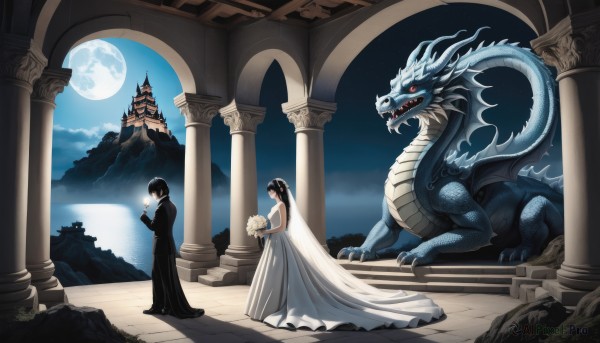 1girl,long hair,short hair,black hair,red eyes,gloves,1boy,dress,holding,flower,hetero,sky,elbow gloves,white dress,night,formal,moon,suit,couple,night sky,veil,full moon,monster,bouquet,mountain,wedding dress,dragon,bridal veil,bride,pillar,castle,husband and wife,wedding,church,book