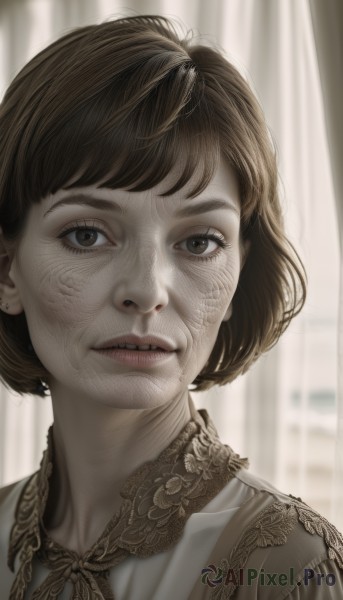 1girl,solo,looking at viewer,short hair,bangs,brown hair,shirt,brown eyes,jewelry,upper body,earrings,parted lips,teeth,blurry,lips,eyelashes,blurry background,bob cut,curtains,portrait,realistic,nose,dress,indoors