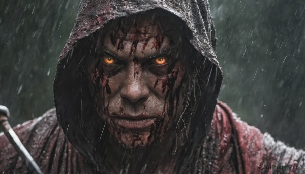 solo,looking at viewer,black hair,1boy,holding,yellow eyes,weapon,male focus,teeth,hood,orange eyes,blood,umbrella,portrait,glowing eyes,hood up,rain,blood on face,smile,outdoors,parted lips,sword,holding weapon,wet,torn clothes,glowing,facial hair,heterochromia,scar,knife,close-up,colored sclera,black sclera,blood on weapon,blood from mouth