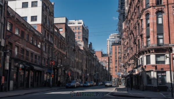 outdoors,sky,day,cloud,blue sky,no humans,window,ground vehicle,building,scenery,motor vehicle,city,sign,car,road,cityscape,power lines,lamppost,street,skyscraper,utility pole,road sign,traffic light,air conditioner,crosswalk,real world location,vanishing point,sidewalk