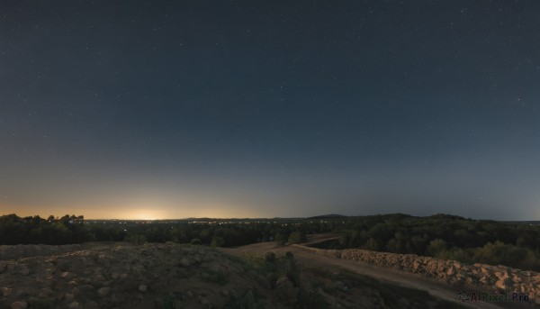 outdoors,sky,tree,no humans,night,grass,star (sky),nature,night sky,scenery,starry sky,sunset,horizon,road,river,landscape,hill