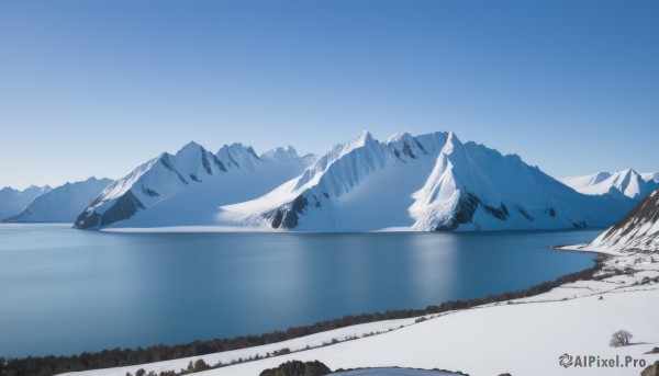 outdoors,sky,day,water,tree,blue sky,no humans,nature,scenery,snow,forest,reflection,mountain,river,landscape,mountainous horizon,lake,ice,rock,winter